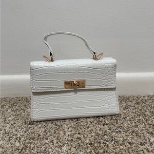 White Croc-Embossed Top Handle Bag with Gold Hardware